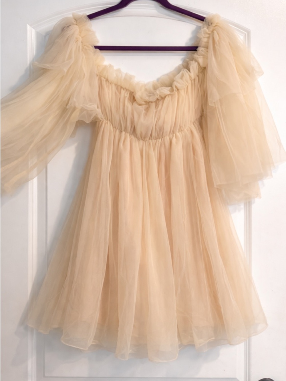 SHEIN Cream Tulle Off-Shoulder Ruffle Mini Dress